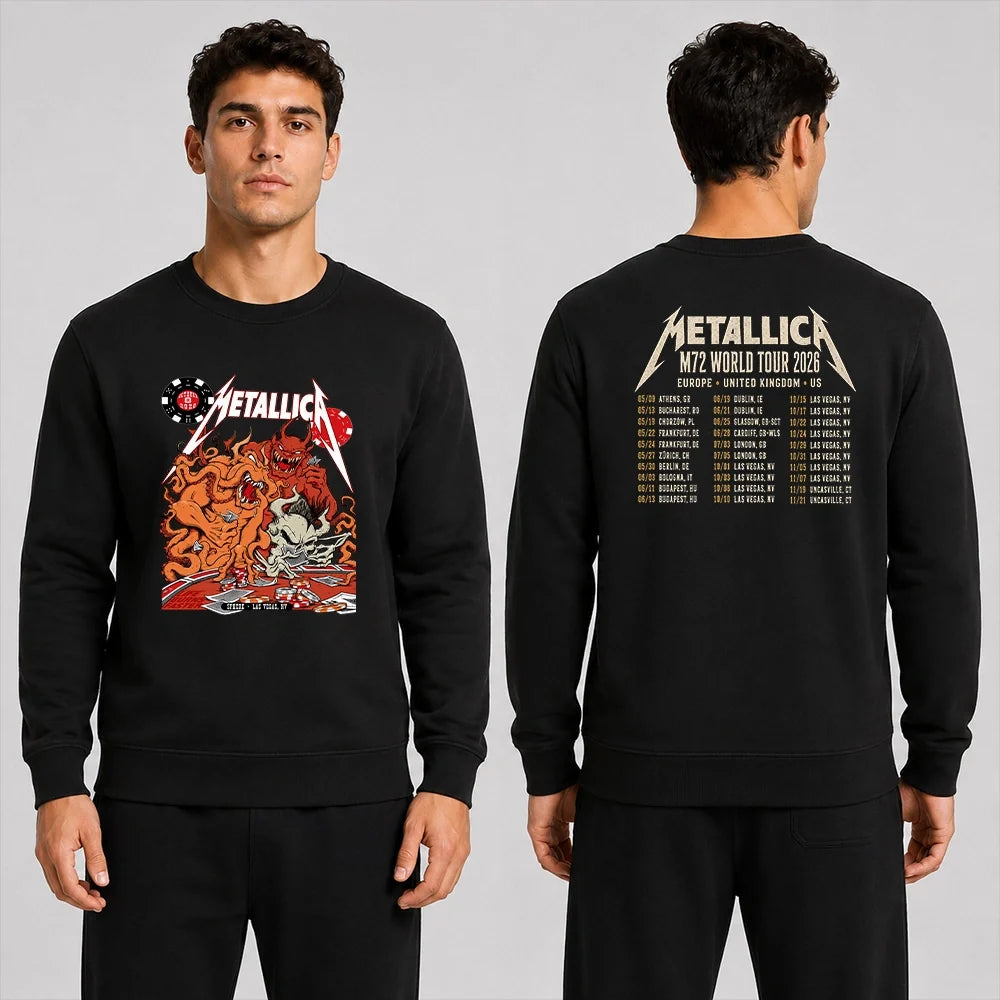 Metallica Life Burns Faster October 8 2026 Sphere Las Vegas United States 2 Side T-Shirt featuring casino demons, orange tentacles, poker chips, playing cards and skull artwork with a Metallica tour-inspired back print.